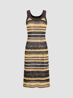 Cider - Knitted Scoop Neck Striped Crochet Midi Dress