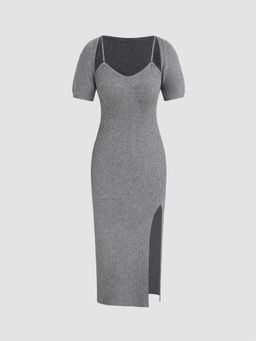 Cider - Knitted Scoop Neckline Split Midi Dress & Shrug