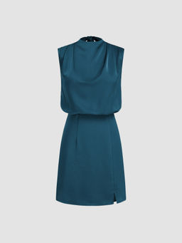 Cider - Woven Stand Collar Knotted Cut Out Mini Dress