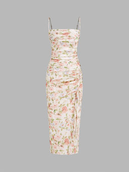 Cider - Woven Square Neck Floral Drawstring Ruched Midi Dress