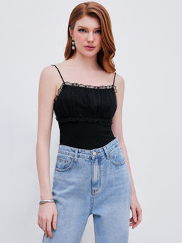 Cider - Knit Square Neck Lettuce Trim Cami Crop Top