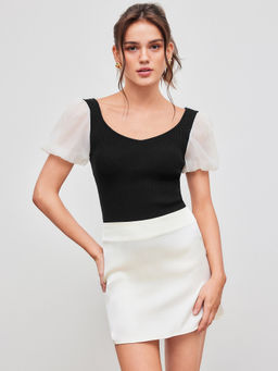 Cider - Knit Scoop Neckline Two Tone Organza Short Sleeve Top