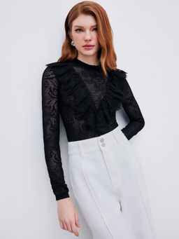 Cider - Knit Round Neckline Lace Long Sleeve Top