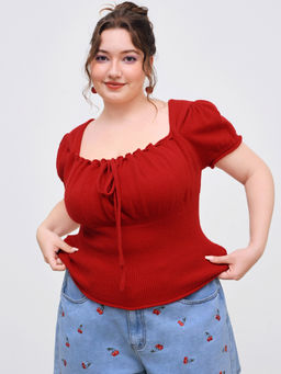 Cider - Knitted Square Neck Solid Knotted Short Sleeve Top Curve & Plus