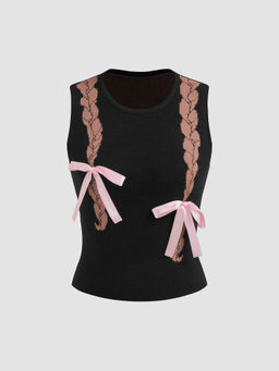 Cider - Knitted Round Neck Bowknot Braids Tank Top