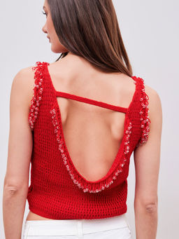 Cider - Knit Round Neck Solid Beaded Crop Tank Top