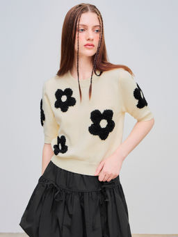 Cider - Knit Round Neckline Floral Short Sleeve Top