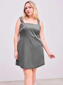 Cider - Woven Square Neck Solid Zipper Mini Dress Curve & Plus