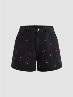 Cider - Denim Mid Rise Cherry Embroidery Shorts Curve & Plus