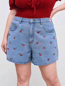 Cider - Denim Mid Rise Cherry Embroidery Shorts Curve & Plus