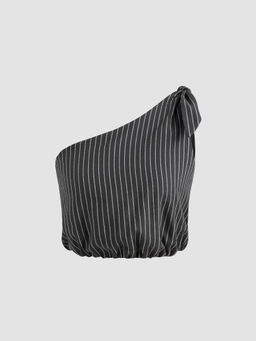 Cider - Asymmetrical Neck Solid Striped Knotted Crop Top
