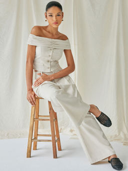 Cider - Linen-Blend Mid Rise Pleated Solid Wide Leg Trousers
