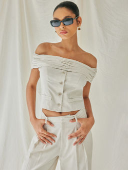 Cider - Linen-Blend Off-Shoulder Solid Ruched Top