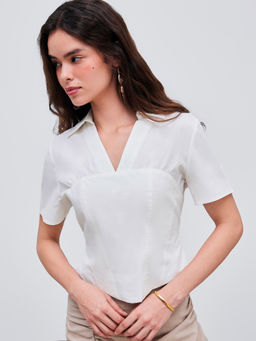 Cider - Woven Collar Solid Shirred Short Sleeve Shirt