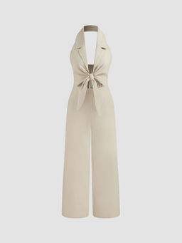 Cider - Linen-Blend Halter Solid Knotted Shirred Jumpsuit