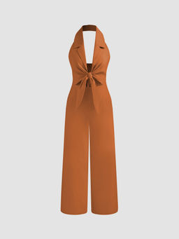 Cider - Linen-Blend Halter Solid Knotted Shirred Jumpsuit