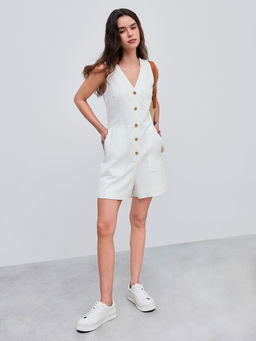 Cider - Woven V-Neck Solid Button Pocket Romper