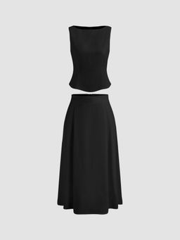 Cider - Woven Boat Neck Solid Tank Top & Mid Rise Midi Skirt (Set of 2)