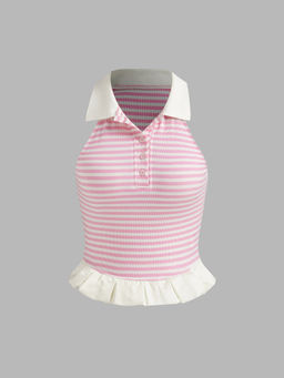 Cider - Polo Striped Ruffle Hem Crop Tank Top