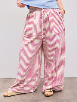Cider - Woven Mid Rise Elastic Waist Striped Pocket Wide Leg Trousers Curve & Plus