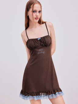 Cider - Mesh Square Neck Bowknot Rhinestone Lace Trim Mini Dress