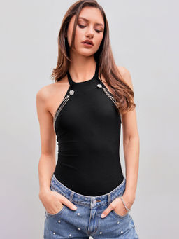 Cider - Halter Solid Rhinestone Chain Bodysuit