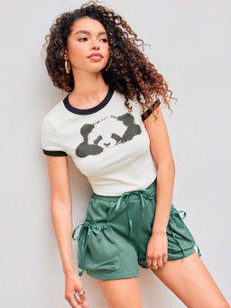 Cider - Round Neck Panda Graphic Contrasting Binding Crop Short Sleeve Tee