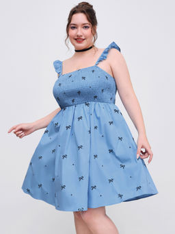 Cider - Woven Square Neck Bowknot Embroidery Ruffle Mini Dress Curve & Plus