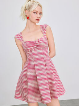 Cider - Sweetheart Gingham Bowknot Pleated Ruffle Hem Mini Dress