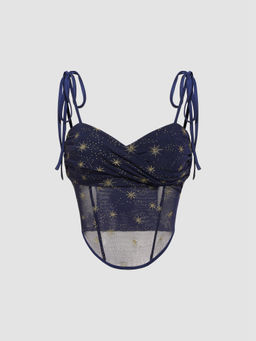 Cider - Mesh V-Neck See-Through Star Graphic Corset Knotted Crop Top