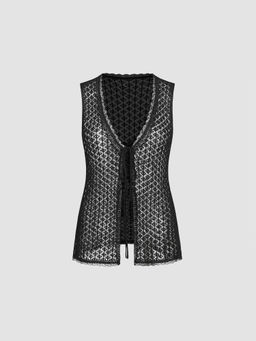 Cider - V-Neck Lace See-Through Knotted Vest