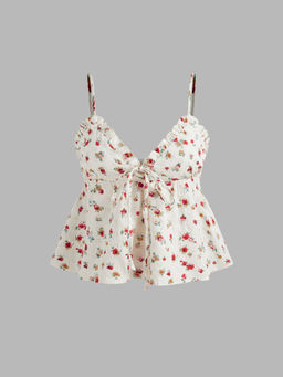 Cider - Woven V-Neck Floral Lettuce Trim Knotted Cami Top