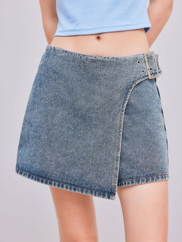 Cider - Denim High Rise Solid Buckle Up Mini Skort