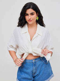 Cider - Linen-Blend Collar Solid Short Sleeve Shirt Curve & Plus