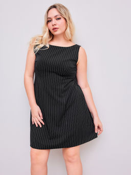 Cider - Woven Boat Neck Striped Mini Dress Curve & Plus