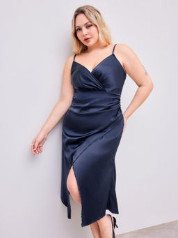 Cider - Satin Solid Ruched Split Wrap Midi Dress Curve & Plus