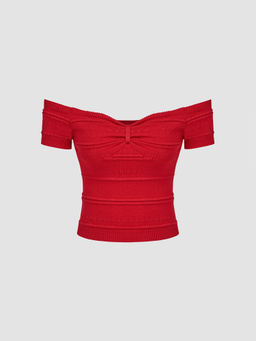 Cider - Knitted Off-Shoulder Solid Crop Short Sleeve Top