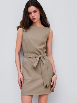 Cider - Linen-Blend Boat Neck Solid Sleeveless Mini Dress with Belt