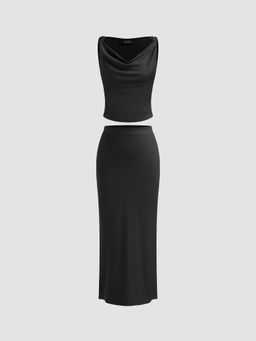 Cider - Cowl Neck Solid Crop Tank Top & Split Maxi Skirt (Set of 2)