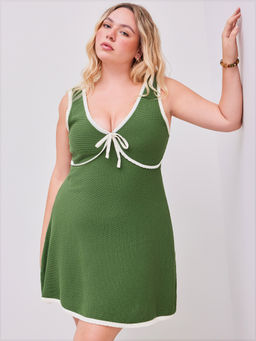 Cider - Jacquard V-Neck Solid Contrasting Binding Knitted Mini Dress Curve & Plus