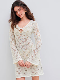 Cider - Knitted Scoop Neckline Cut Out See-Through Mini Dress