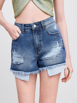 Cider - Denim High Rise Ripped Wide Leg Micro Shorts