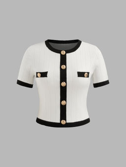 Cider - Knitted Round Neck Contrasting Binding Short Sleeve Top