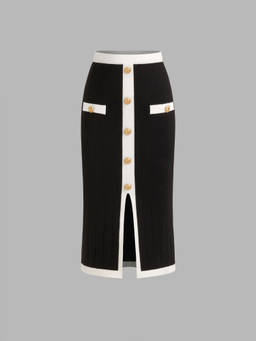 Cider - Knitted Mid Rise Contrasting Binding Split Midi Skirt