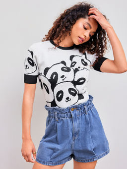 Cider - Knit Round Neckline Panda Graphic Contrasting Binding Short Sleeve Top