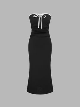 Cider - Jersey Strapless Contrasting Binding Knotted Ruched Midi Dress