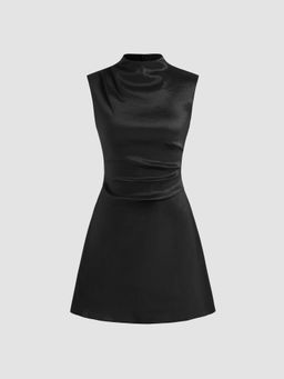 Cider - Woven Stand Collar Solid Ruched Mini Dress