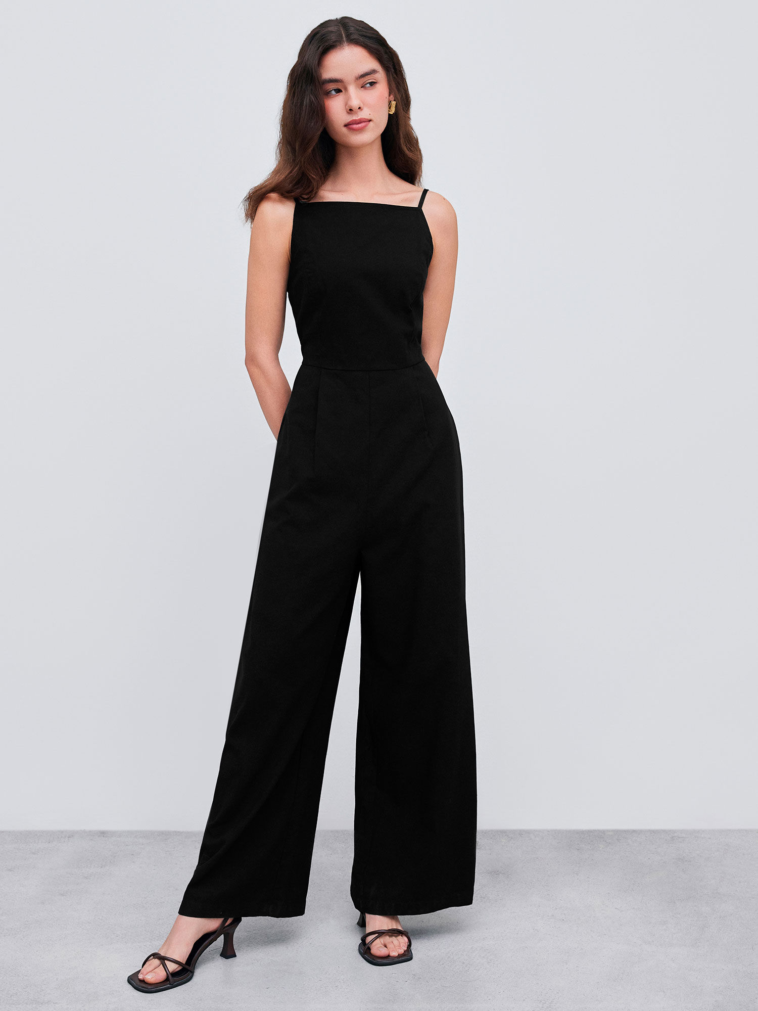 Cotton-Blend Square Neck Solid Shirred Jumpsuit