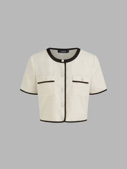 Cider - Woven Round Neckline Contrasting Binding Pearl Button Crop Short Sleeve Top