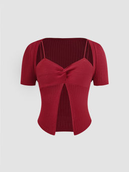 Cider - Knit V-Neck Twist Cami Top & Short Sleeve Shrug